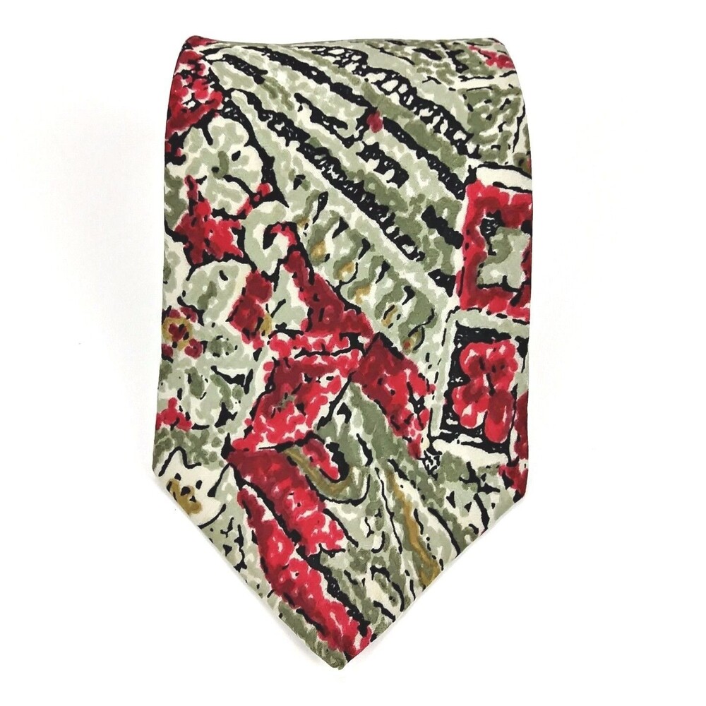 Guy Laroche Couture Geometric Floral Red Green Beige Mens Silk Necktie Dress Tie